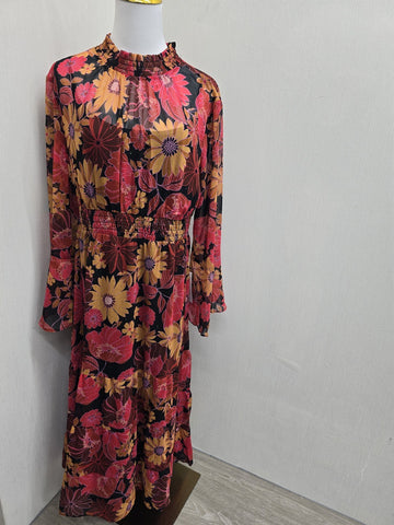 BHOC Size 10 Floral Midi Chiffon Long Sleeve Bell Dress Blk Coral
