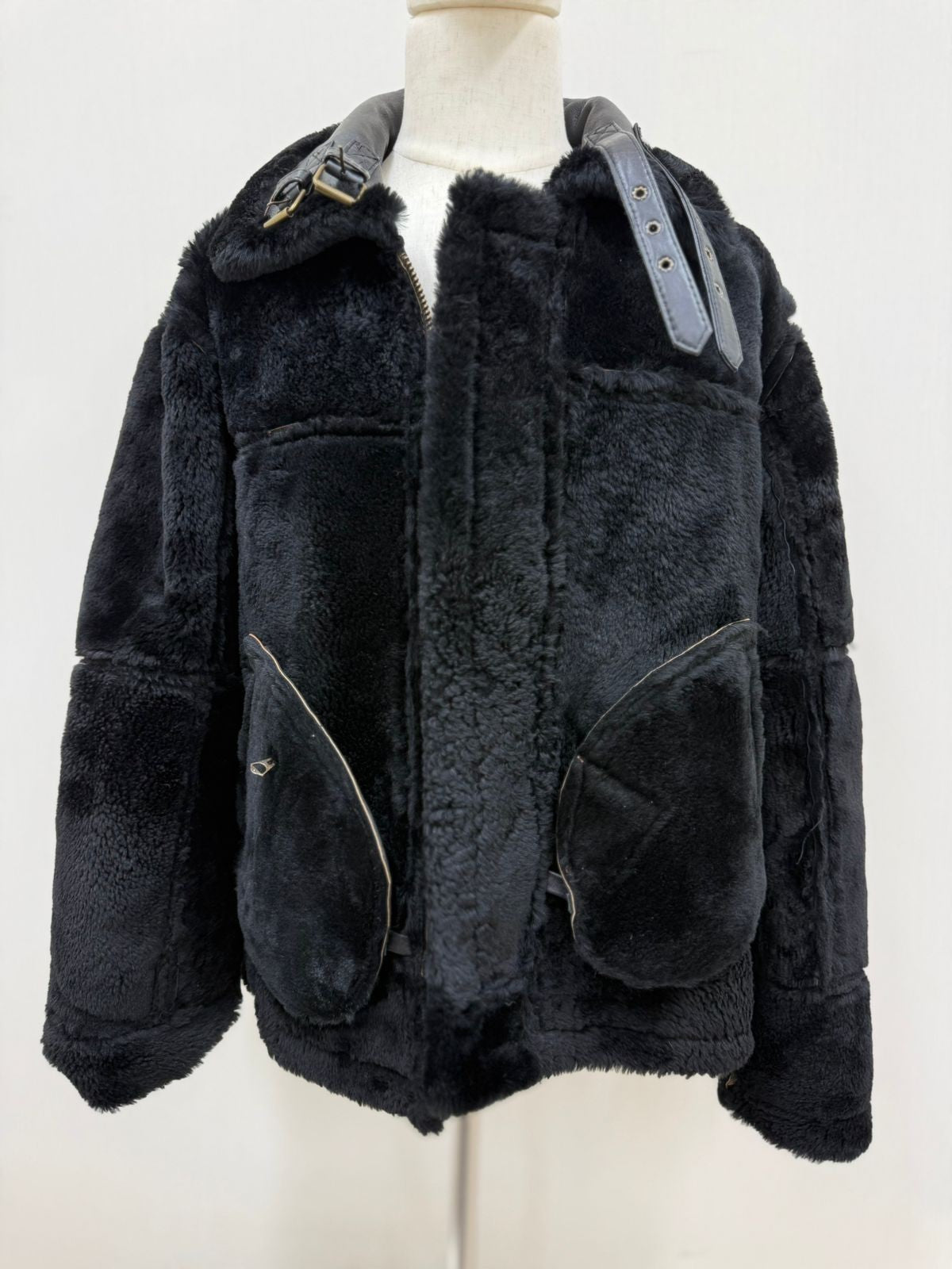 Men's Italian Sheepskin Leather Bomber Jacket Black Premium Soft Fur Size Asian L