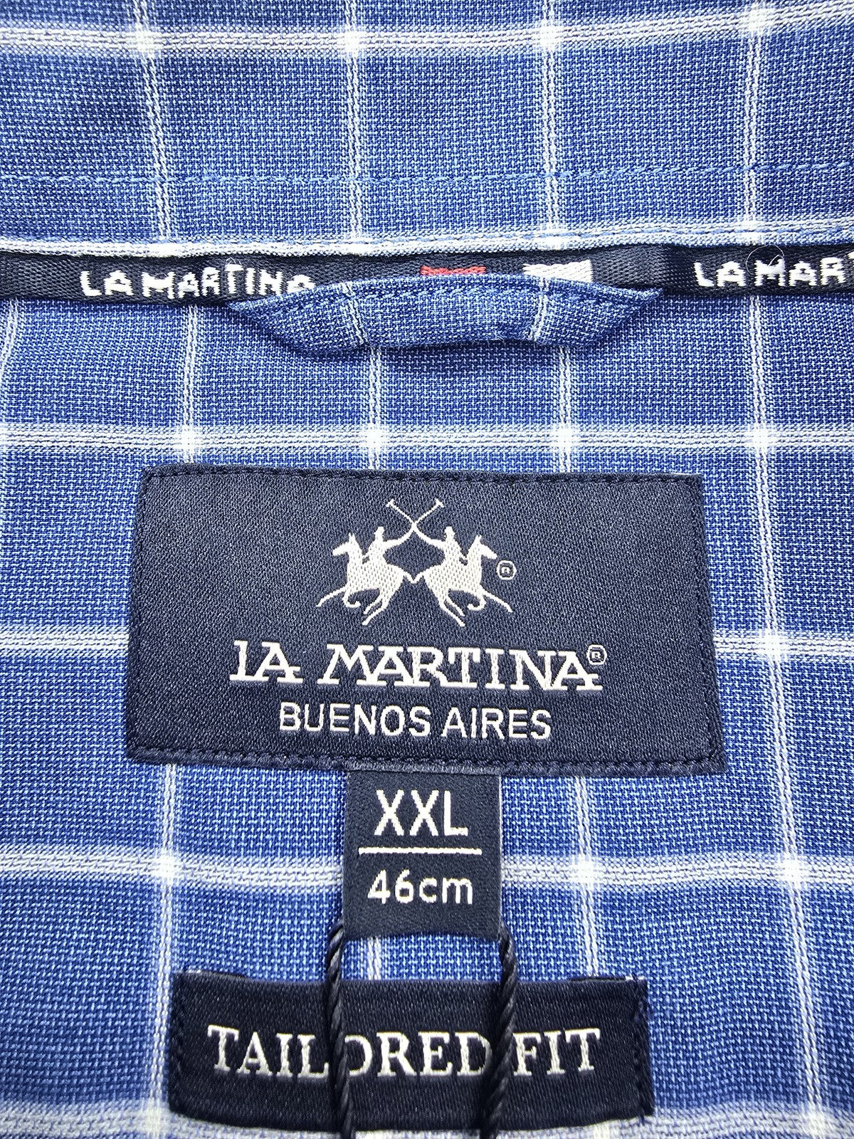 La Martina Men's XXL Blue Checked Cotton Dress Shirt Tailored Long Sleeve