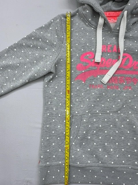 Superdry Vintage Gray Polka Dot Hoodie L Drawstring Pink Logo Unisex