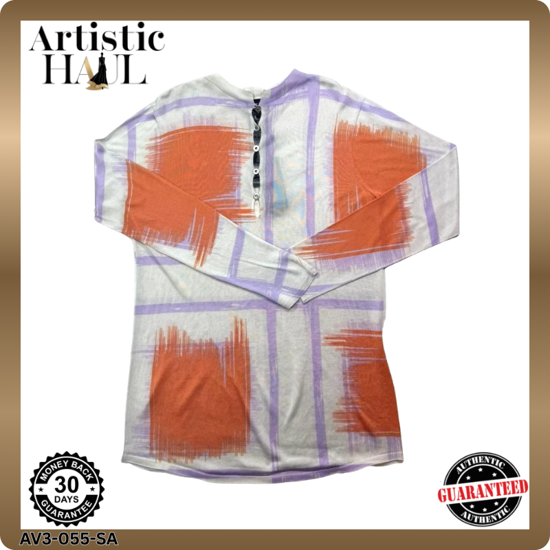 BNWT Giorgio Armani Orange Purple Grid Print Jersey Button V-Neck - Size 42
