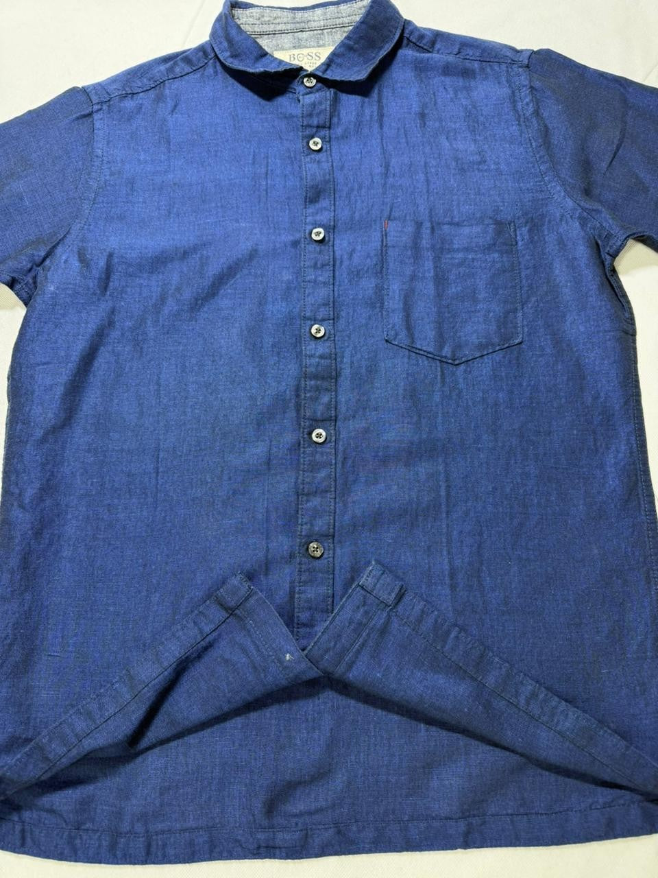 Boss Regular-Fit Short-Sleeve Button-Down Shirt In Blue Linen - Size M