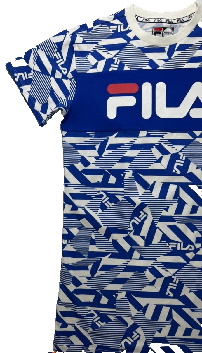 Fila Men's Graphic T-Shirt Blue White All Over Print Logo Short Sleeve - Size S