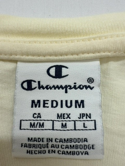 Champion Men Cream Striped Trim Logo T-Shirt Size M Condition Descriptor