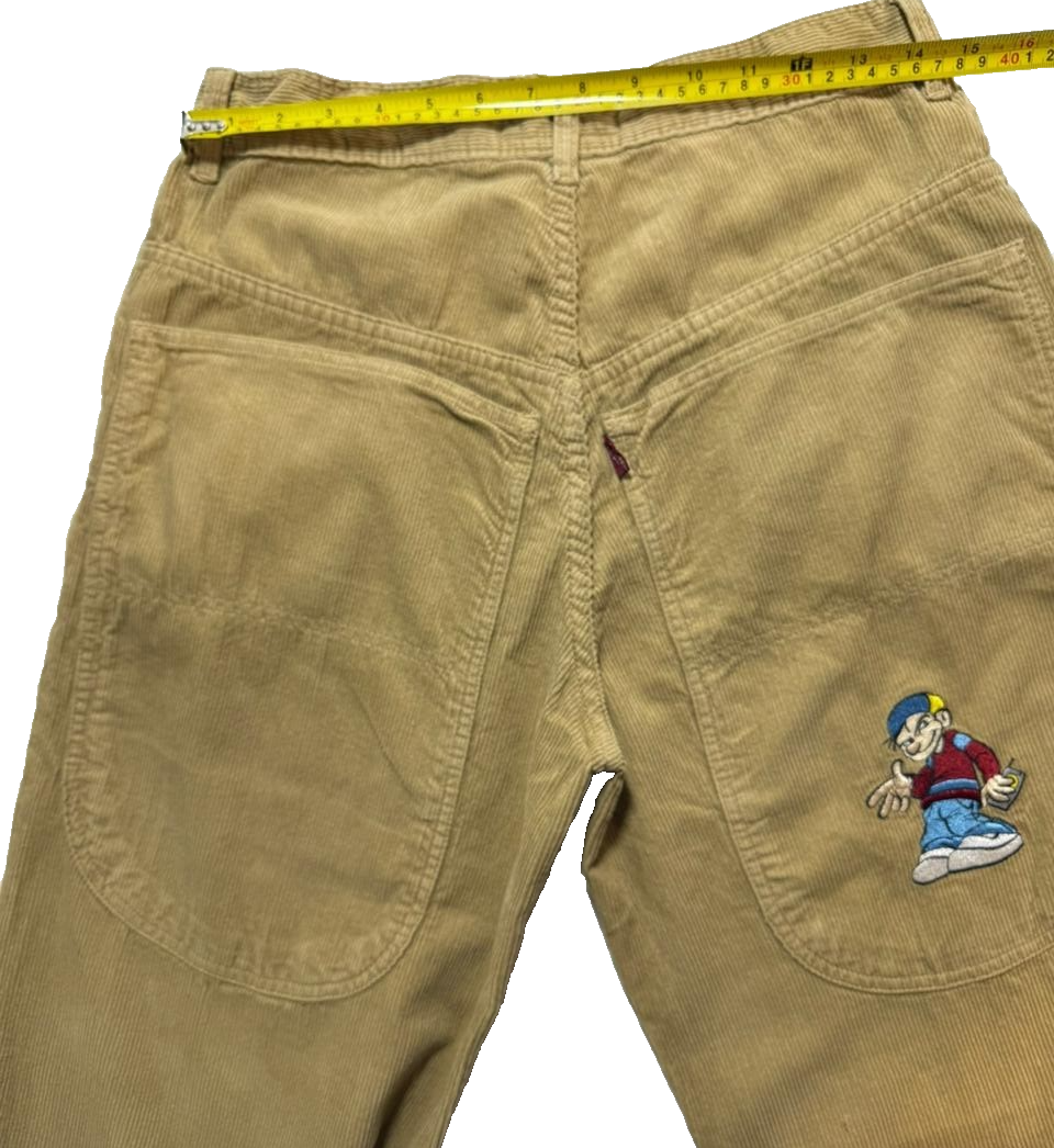 Arnold Lobel Cartoon Embroidered Wide Leg Corduroy Pants | High Rise Unisex Streetwear Pants| Size 38
