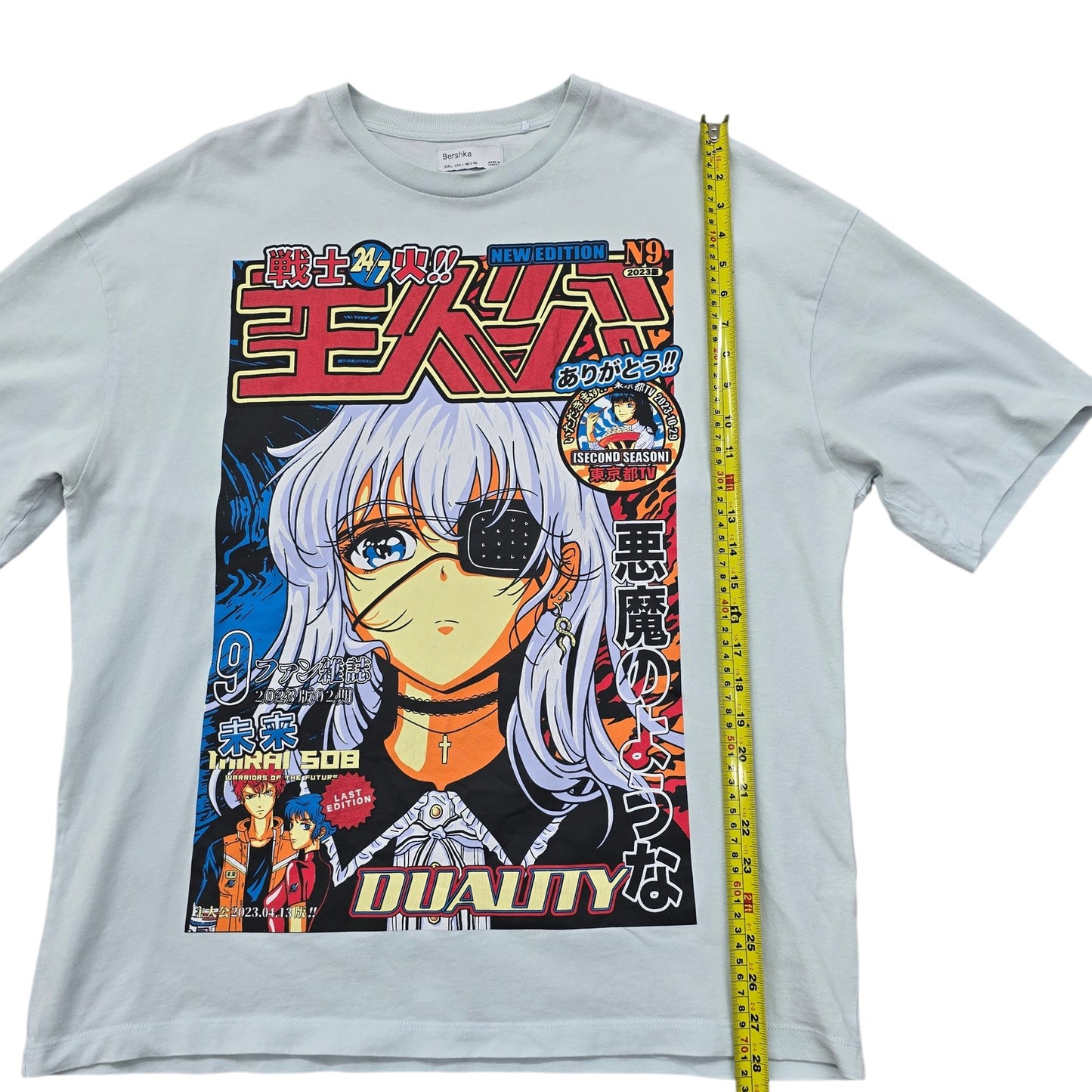 Bershka Men's Light Blue Anime Graphic T-Shirt Size L