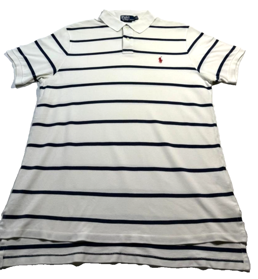 Polo Ralph Lauren Classic Fit Soft Cotton Polo Shirt In White With Navy Blue -Xl