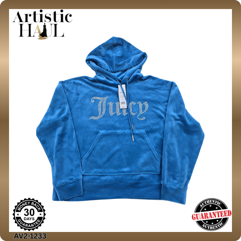 Juicy Couture Icons Velour Pullover Hoodie M Regal Blue Y2K Rhinestone