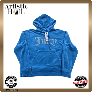 Juicy Couture Icons Velour Pullover Hoodie M Regal Blue Y2K Rhinestone