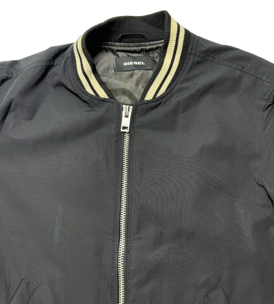 Men's Diesel Embroidered Logo Ribbed Collar Jacket, Black/Cream, Size Large