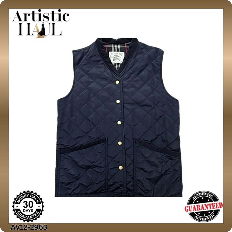 Burberry Women's Navy Quilted Vest Gold Accents 31.5" Chest