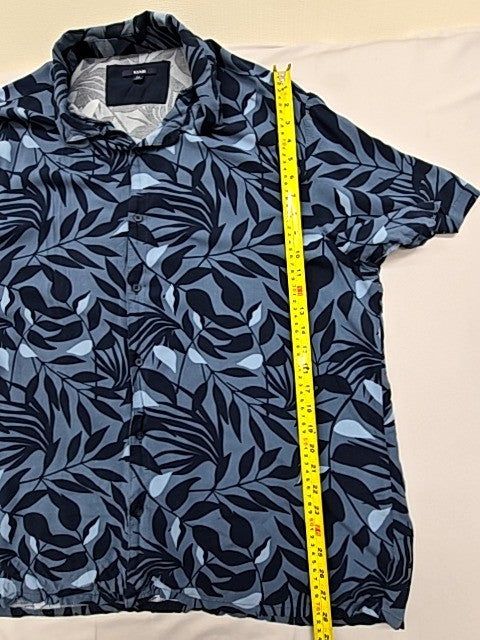 Kiabi Men's Navy Button-Down Shirt XXL Short Sleeve Leaf Pattern