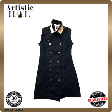 Burberry Women's Navy Check Sleeveless Trench Coat Button 97% Cotton