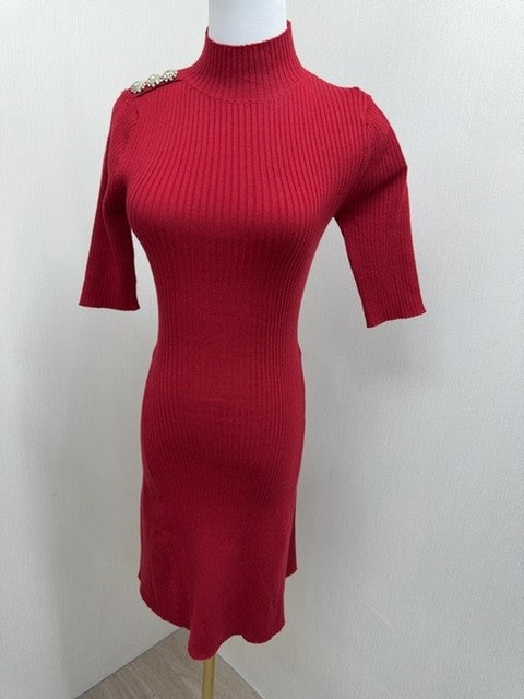 Karl Lagerfeld Red Mock Neck Short Sleeve Beaded Dress XS