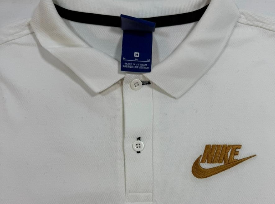 Nike Men's White V-Neck Polo Shirt With Gold Embroidered Logo Size M