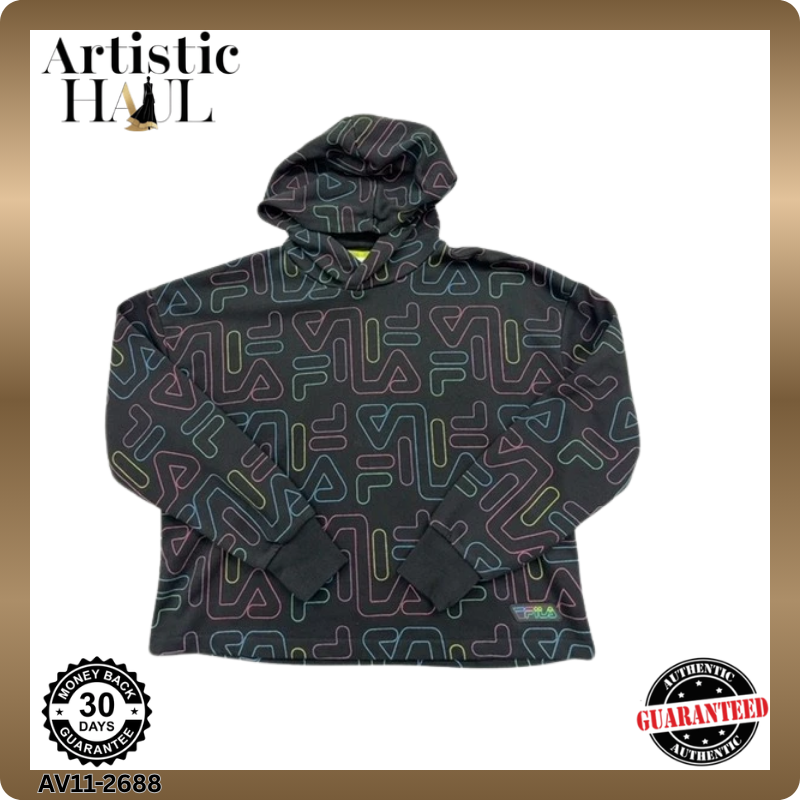 Fila Kids Black Neon Logo Hoodie Size 13-14 Retro All-Over Print