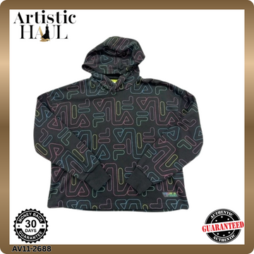 Fila Kids Black Neon Logo Hoodie Size 13-14 Retro All-Over Print