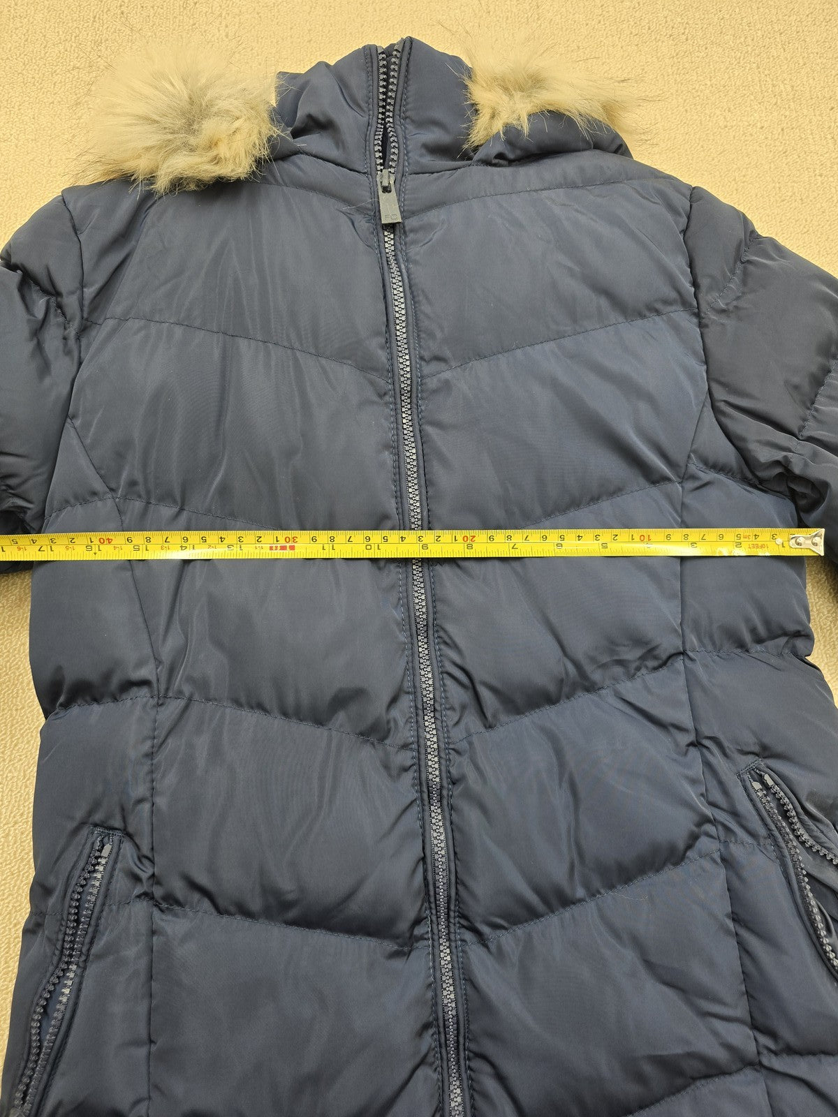 French Connection Women's Navy Puffer Jacket XS Fur Hood Long