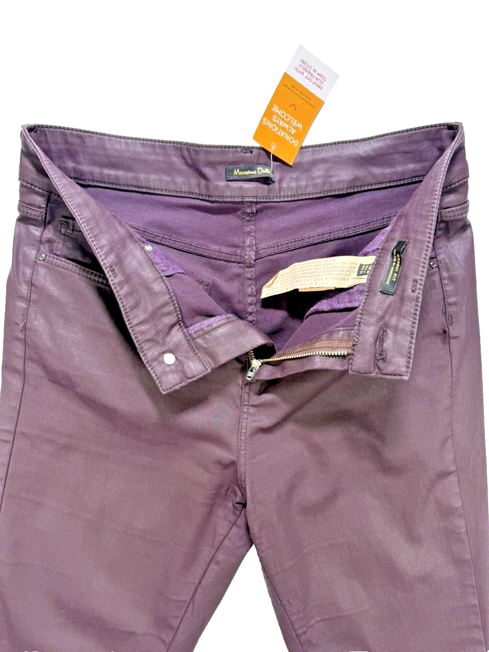 Massimo Dutti Jeans Women's - Purple Coated Wet Leather Look Biker Pant Trousers