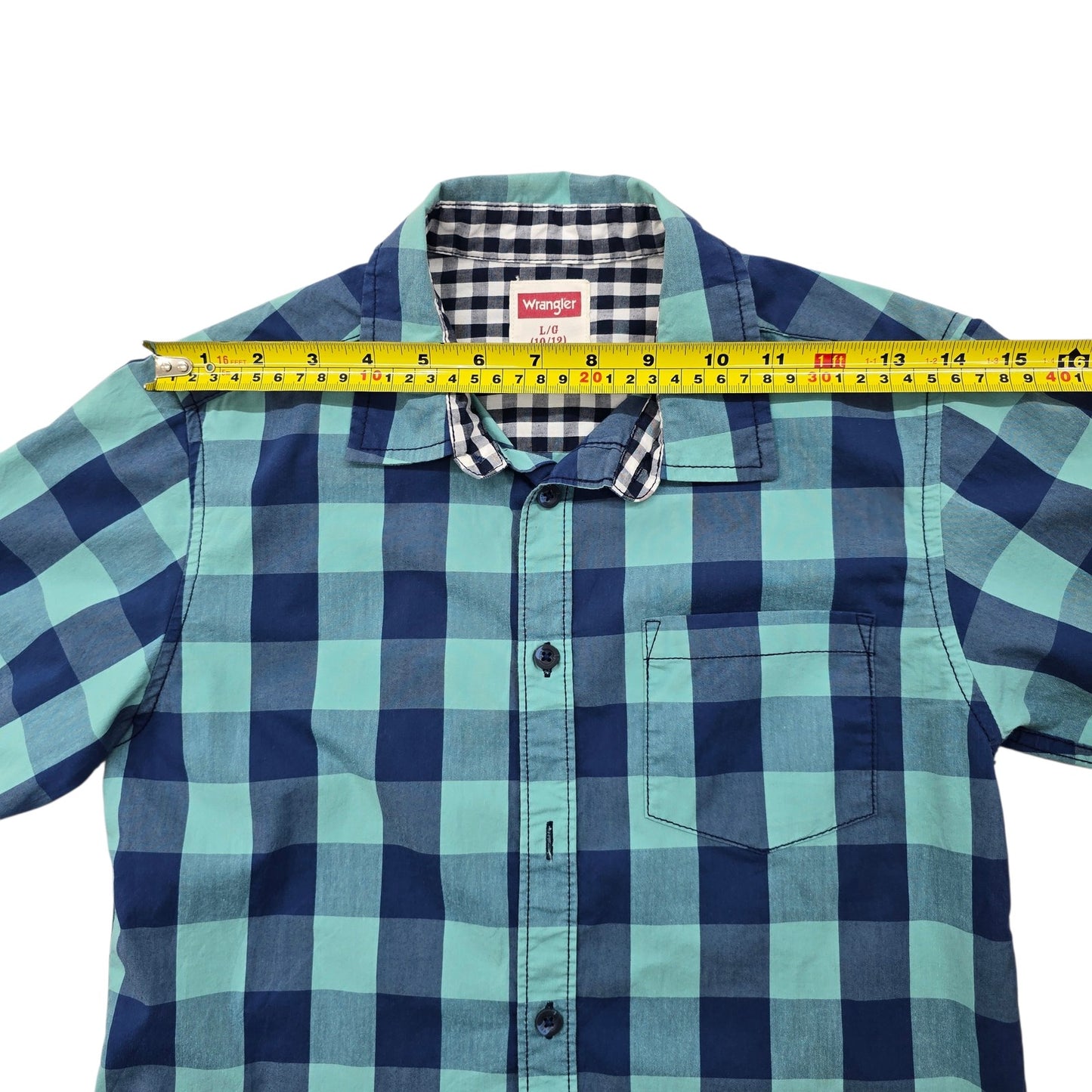 Wrangler Boys Gingham Check Short Sleeve Button-Up Shirt L Turquoise