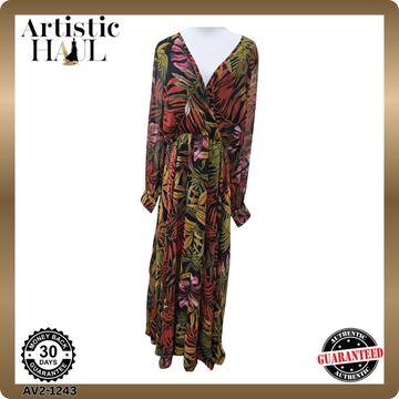 Spy Zone Exchange L Multicolor Floral Chiffon Maxi Long Sleeve V-Neck Dress