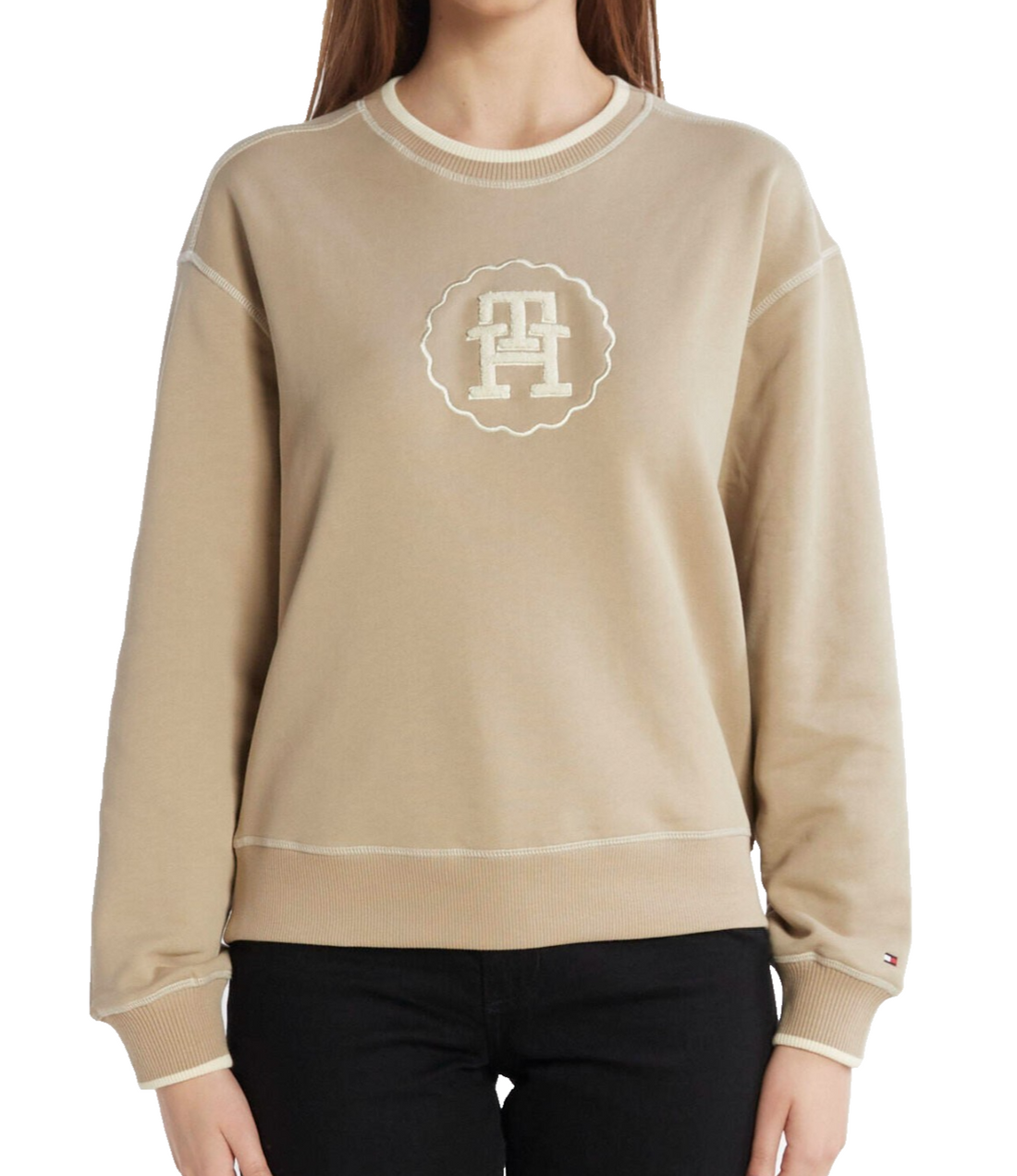 Tommy Hilfiger Beige Crewneck Sweatshirt S Th Logo Embroidered