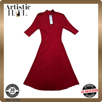 Karl Lagerfeld Red Midi Mock Neck Dress L Rib Knit Cut Out Logo