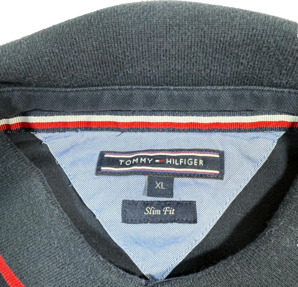 Tommy Hilfiger Men's Navy Blue Slim Fit Polo Shirt Red Trim Size XL