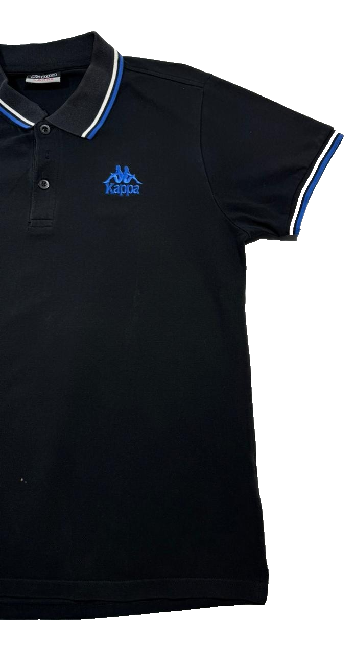 Kappa Men's Black Pique Polo Shirt Embroidered Blue Logo Short Sleeve Size L