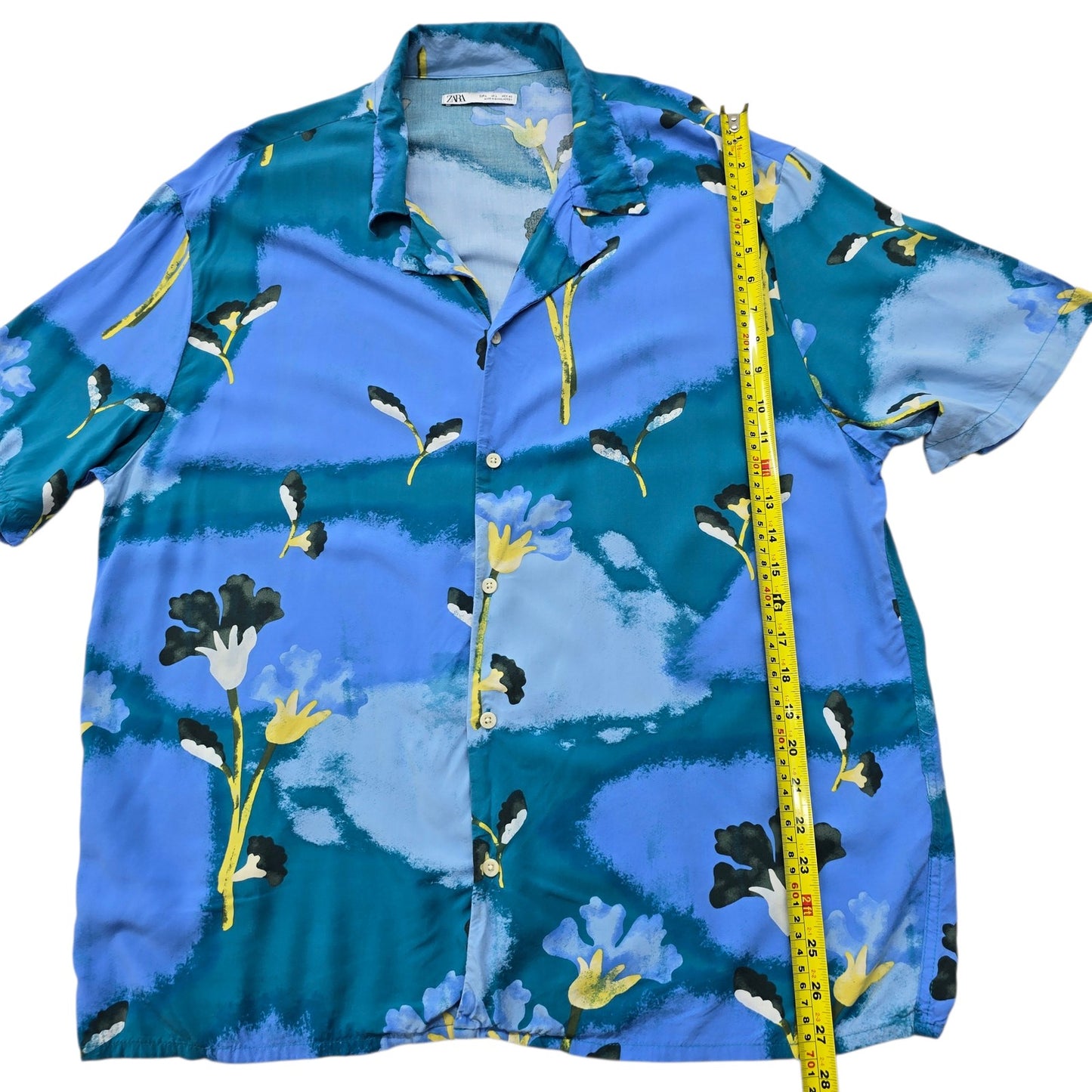 Zara Women's Blue Floral Print Short Sleeve Shirt Size L