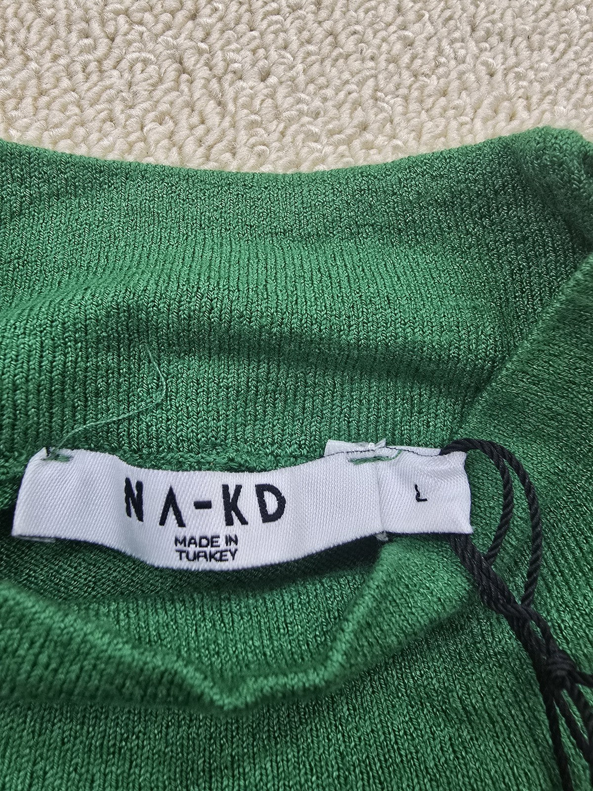 NA-KD Green Mini Turtleneck Dress L Long Bell Sleeve Cut Out Knit