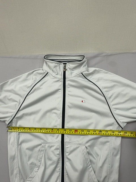 Champion Men's White Satin Track Jacket S Vintage Zip Navy Piping