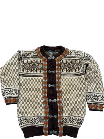 Dale of Norway Fair Isle Wool Cardigan Off White/Brown Crewneck Long Sleeve