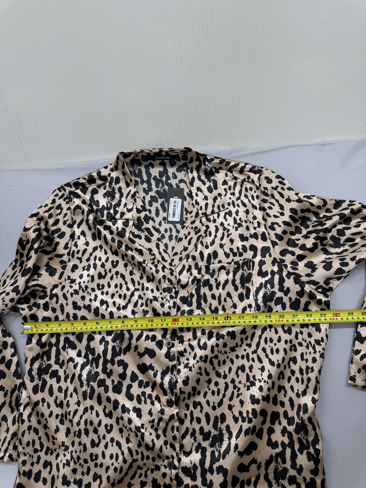 Bebe Leopard Print Long Sleeve Satin Top XL Brown