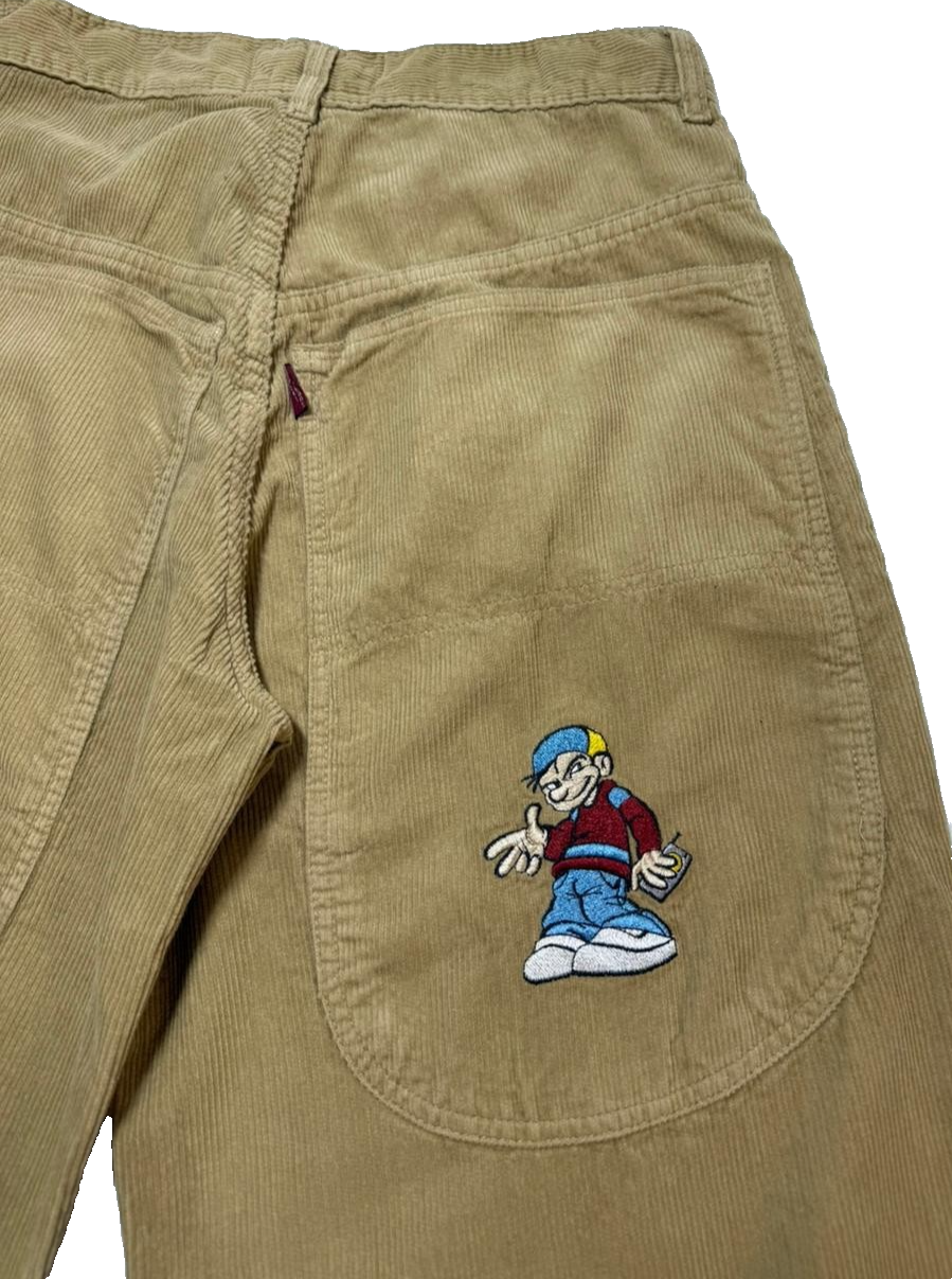 Arnold Lobel Cartoon Embroidered Wide Leg Corduroy Pants | High Rise Unisex Streetwear Pants| Size 38