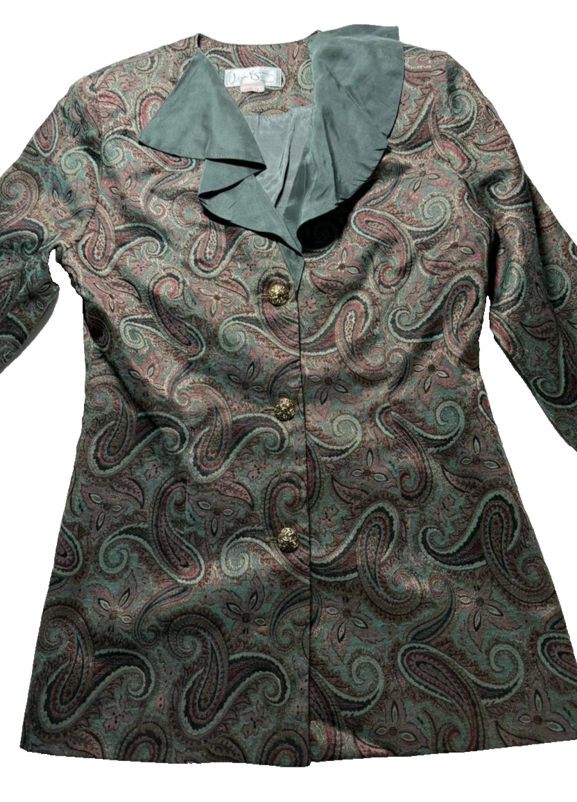 Vintage Paisley Printed Set Top And Skirt Green Brown Retro Women's Size 12