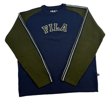 Fila Navy Blue Olive Green Color Block Knit Jumper Sweater Logo Unisex Size M