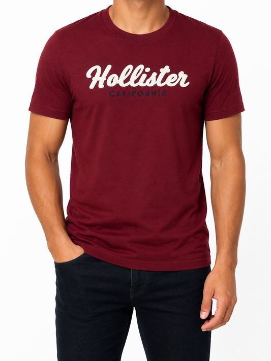 Hollister Men Burgundy Logo Cotton T-Shirt Size S Regular Crew Neck