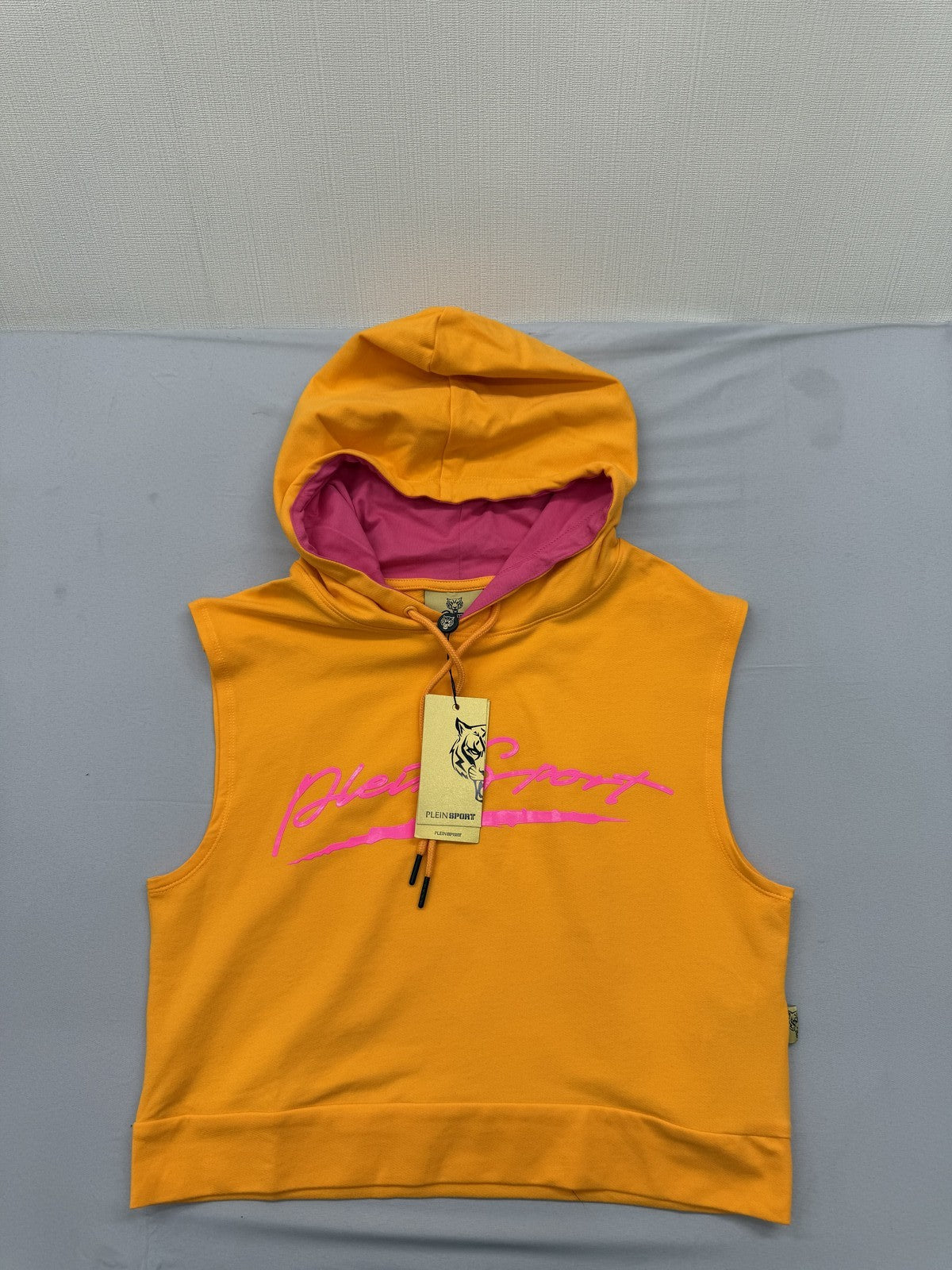 Plein Sport Orange Sleeveless Fleece Hoodie Men's M Prints Logos