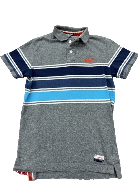 Superdry Vintage Stripe Jersey Grey Marl Polo Shirt M Short Sleeve