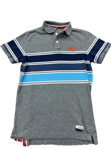 Superdry Vintage Stripe Jersey Grey Marl Polo Shirt M Short Sleeve