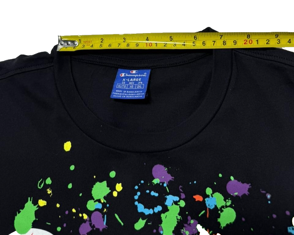 Champion Men's Black T-Shirt Short Sleeve Paint Splatter Logo Tee Casual Top