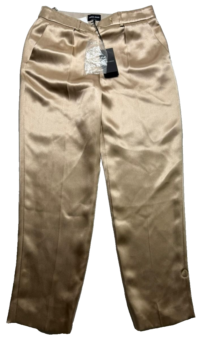 Nwt Giorgio Armani Silk Satin High-Waist Straight Leg Trousers Pants Beige Gold