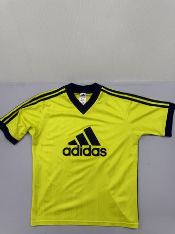 Adidas Yellow Stripe Soccer Jersey L Short Sleeve V-Neck 3-Stripes