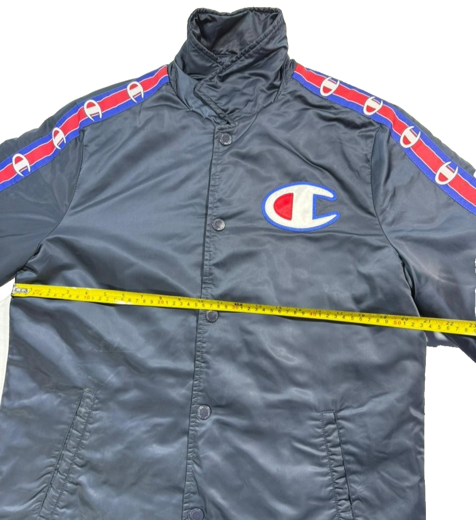 Champion Men's Navy Coach Jacket Logo Tape Sleeves Quilted Lining Size M