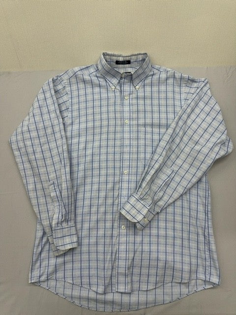 Chaps Blue White Plaid Long Sleeve Button-Down Dress Shirt 15.5 Wrinkle Free