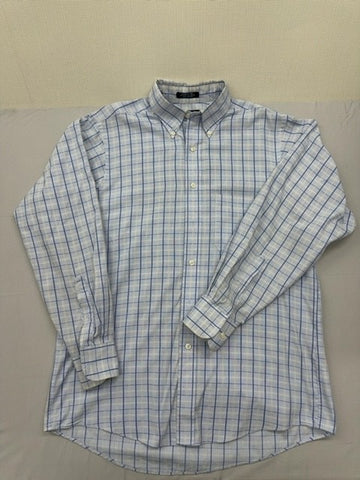 Chaps Blue White Plaid Long Sleeve Button-Down Dress Shirt 15.5 Wrinkle Free
