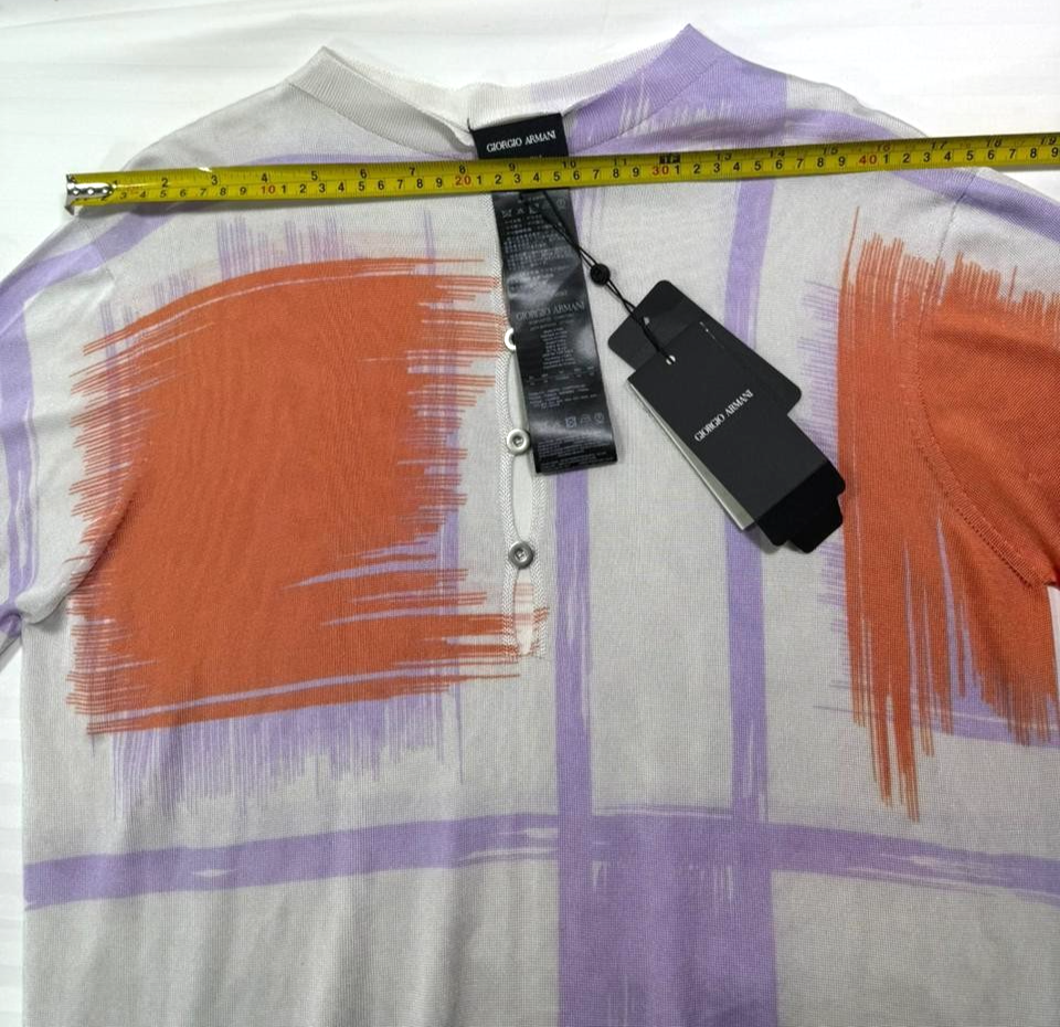 BNWT Giorgio Armani Orange Purple Grid Print Jersey Button V-Neck - Size 42