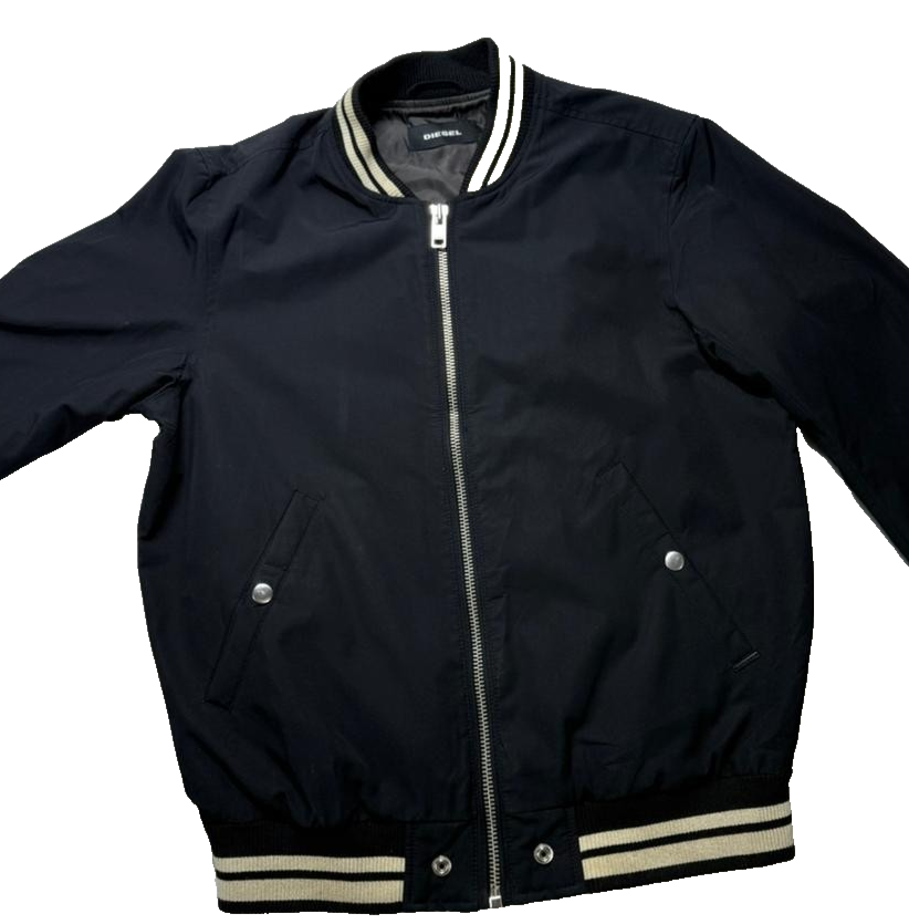 Men's Diesel Embroidered Logo Ribbed Collar Jacket, Black/Cream, Size Large