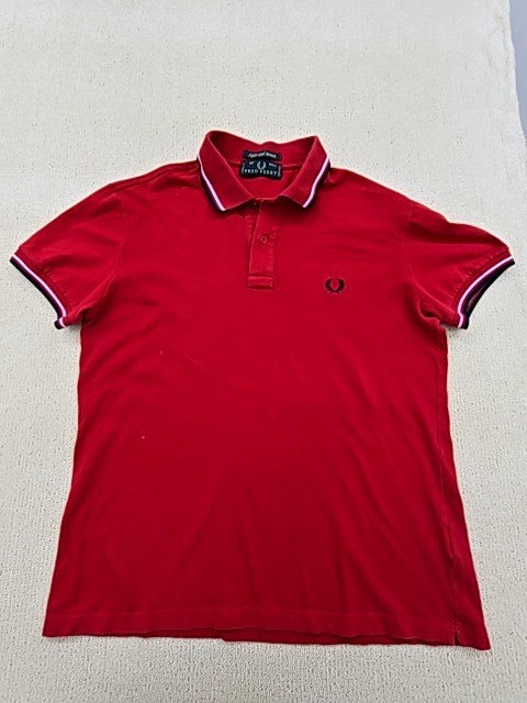 Fred Perry Women's Red Polo Shirt – Size 42, Striped, Short Sleeve